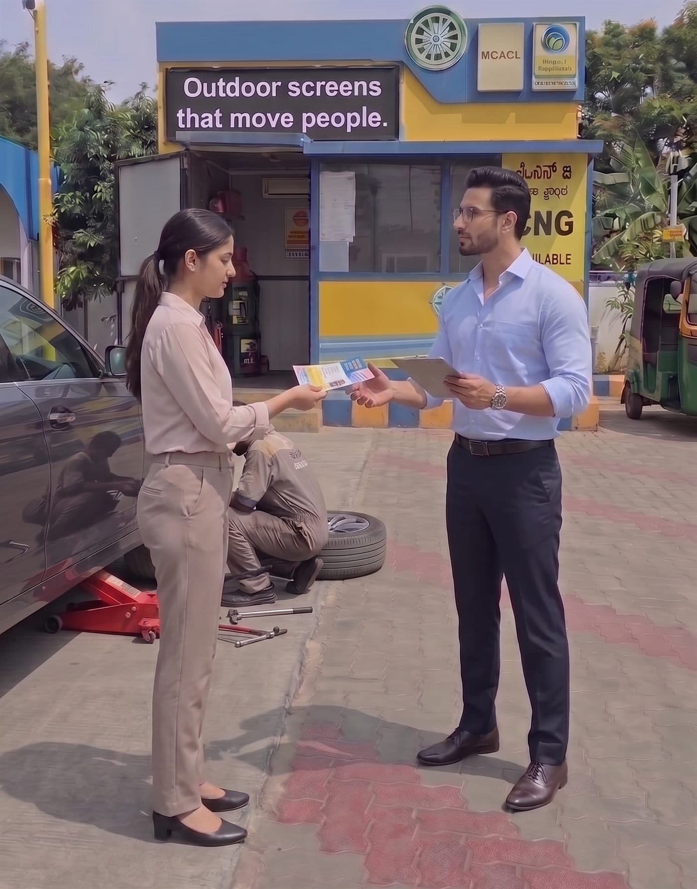 Attendant handing a promotional flyer to a customer beside a DOOH advertising screen at an Indian petrol pump, turning captive dwell time into brand activation