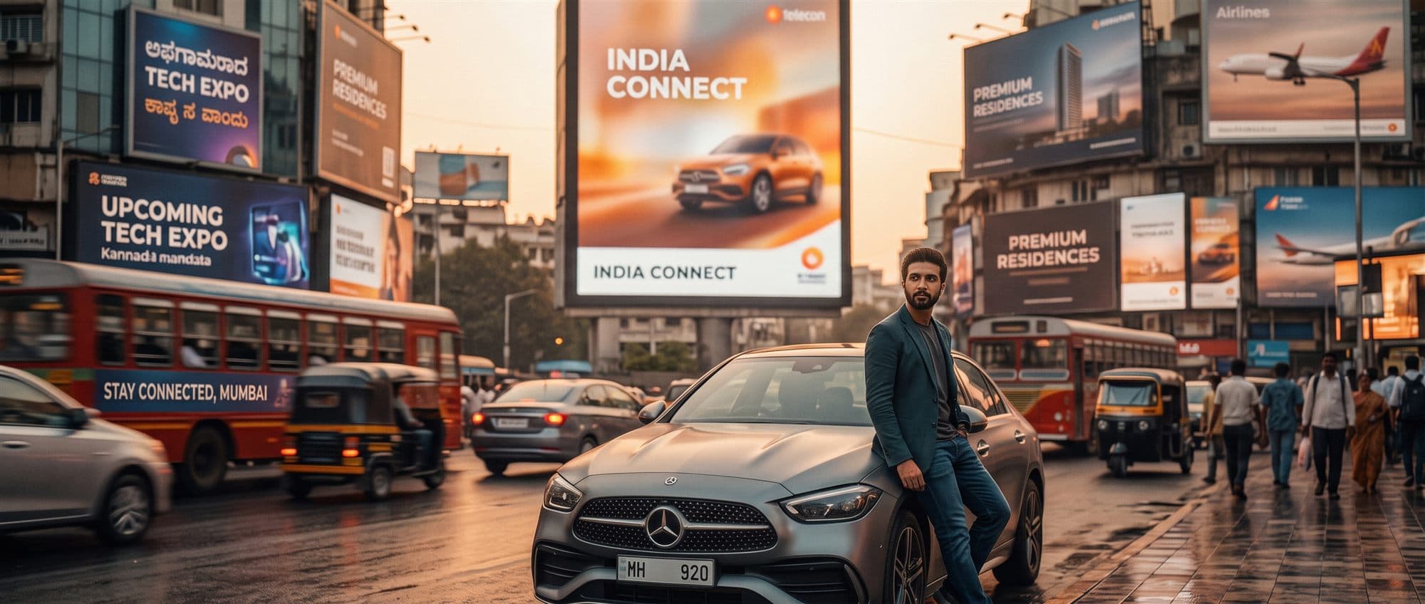 Busy Indian city street crowded with roadside billboards and traffic, the fragmented out-of-home advertising landscape Siaara Media replaces with measured DOOH at petrol pumps