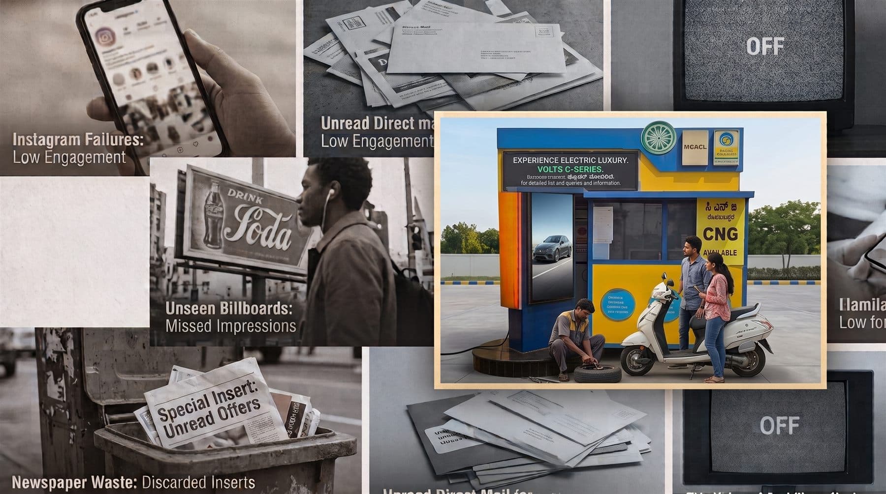 Ignored advertising channels including unread direct mail, discarded newspaper inserts, unseen billboards and switched-off television, set against a DOOH advertising screen reaching a captive audience at an Indian petrol pump