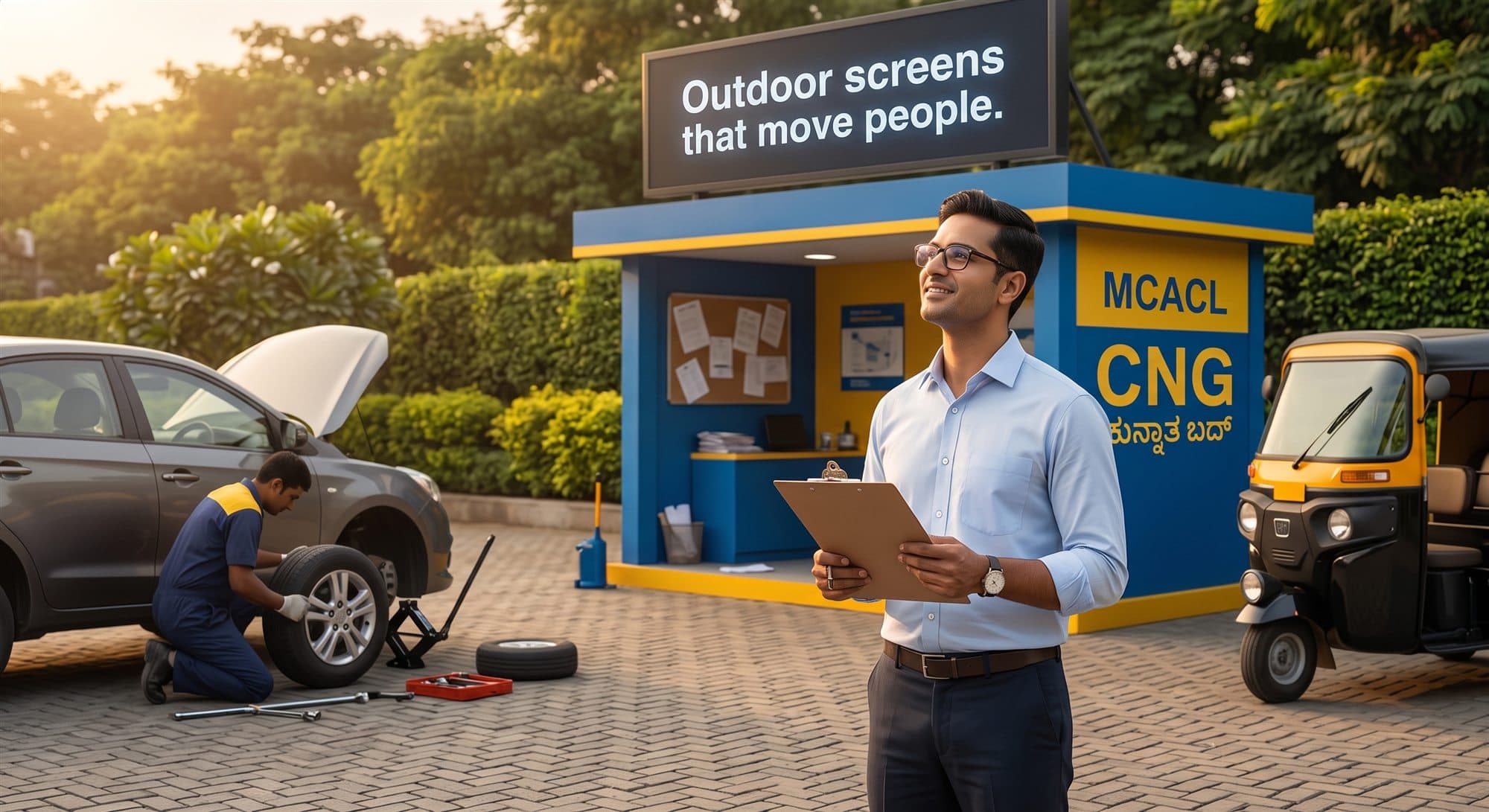 Siaara Media DOOH advertising screen at a Mechmiles petrol pump forecourt in India, part of the country's largest petrol pump advertising network