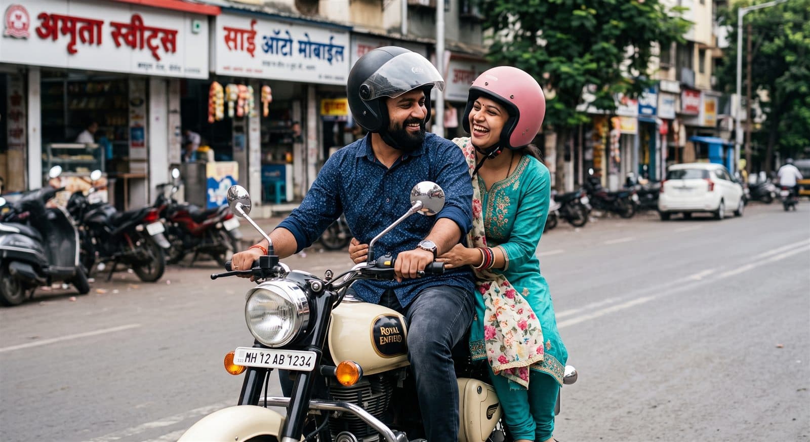 A couple on a Royal Enfield motorcycle on a neighbourhood high street in India, the local vehicle owners reached by hyperlocal DOOH advertising