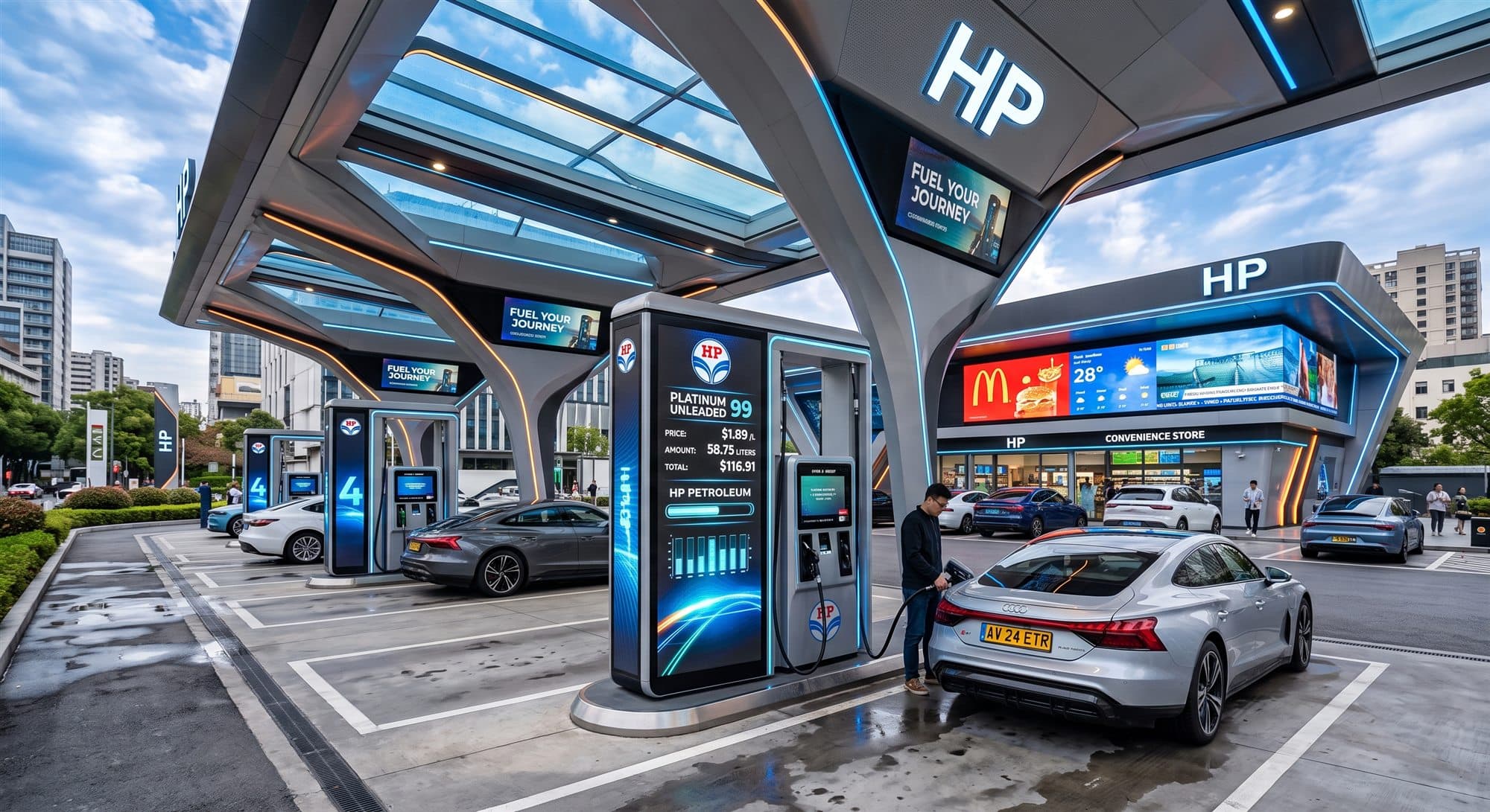 A modern petrol pump forecourt with digital out-of-home advertising screens above the pumps and a convenience store, part of Siaara Media's searchable screen inventory