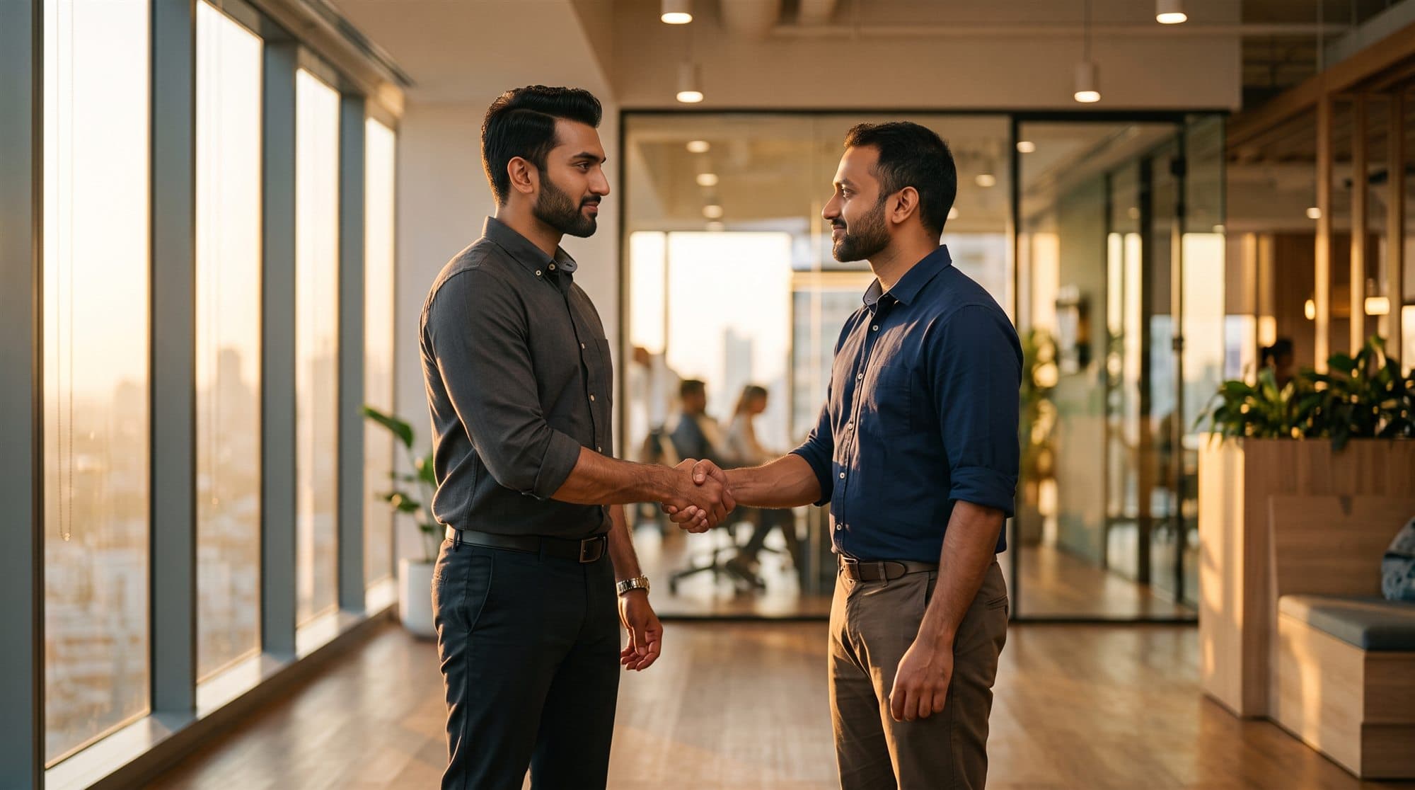 Two business partners shaking hands in a bright Bangalore office, marking a Siaara Media DOOH network partnership