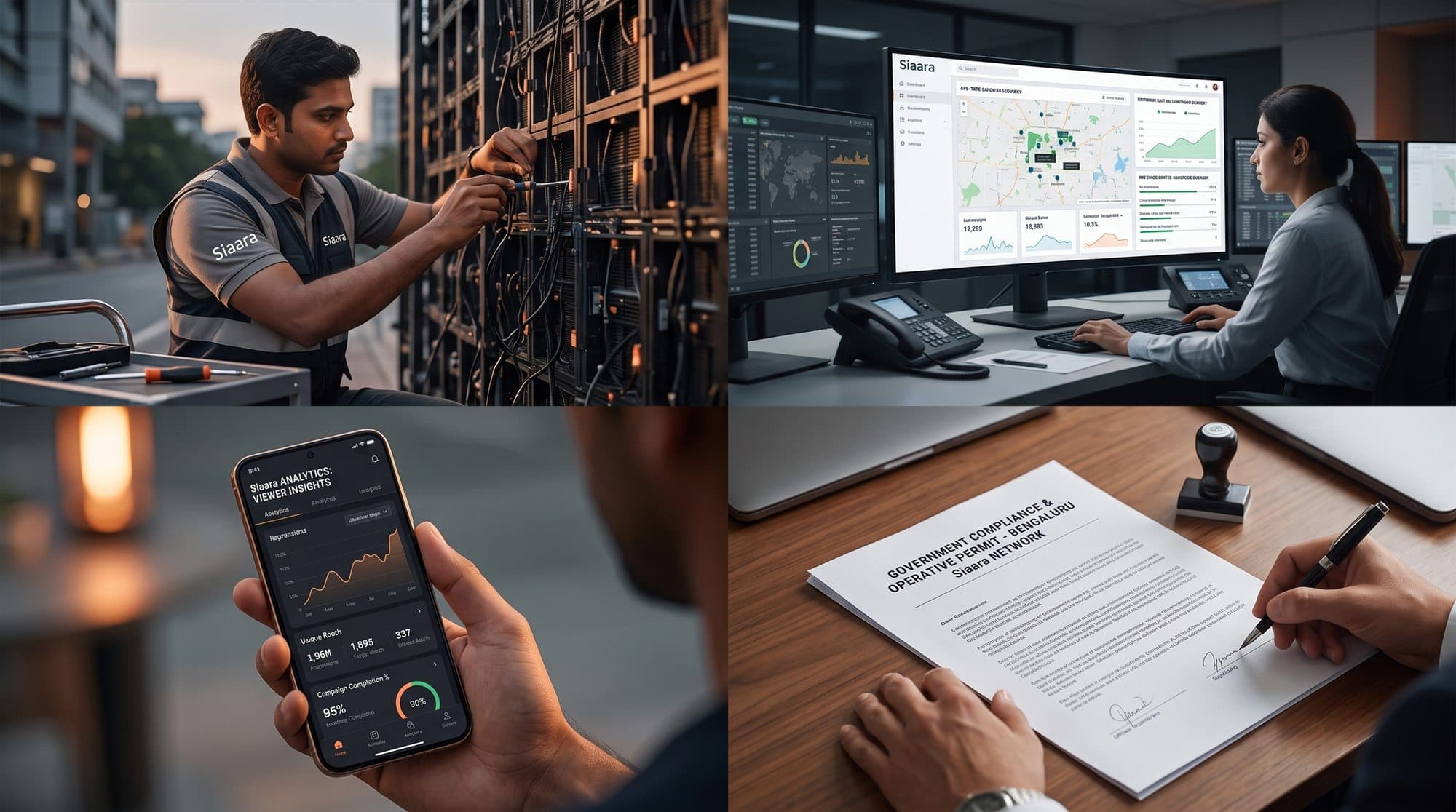 Four sides of Siaara Media DOOH network operations: a technician servicing LED screen hardware, an operator monitoring the campaign delivery dashboard, live viewer analytics on mobile, and a signed government compliance permit for the network