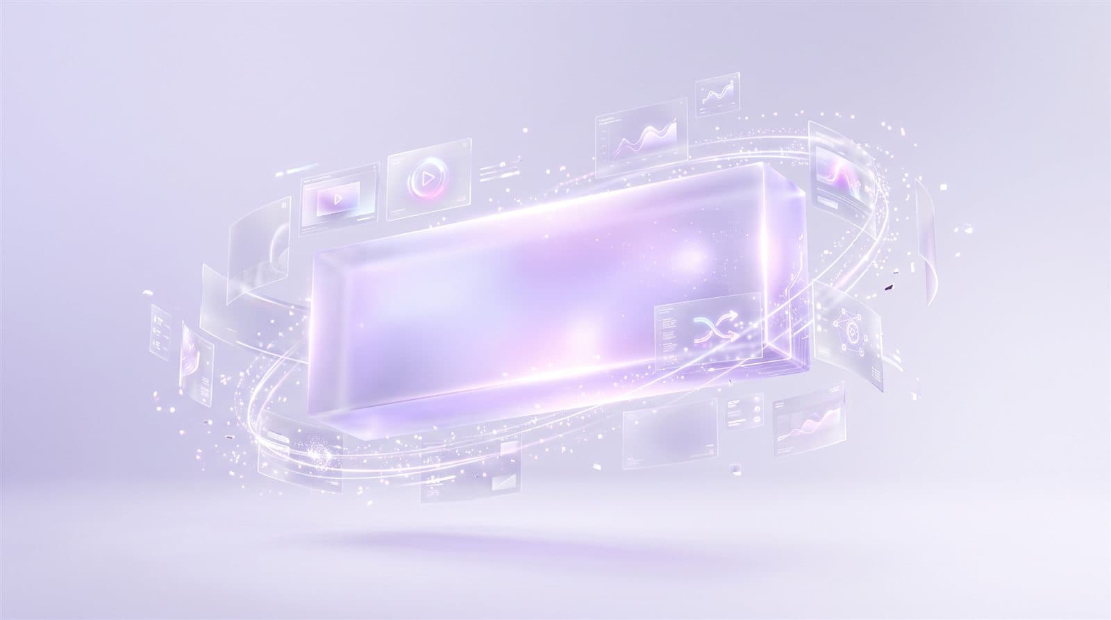 Abstract digital out-of-home screen surrounded by floating campaign panels and analytics, representing Siaara Media's measurable DOOH advertising network